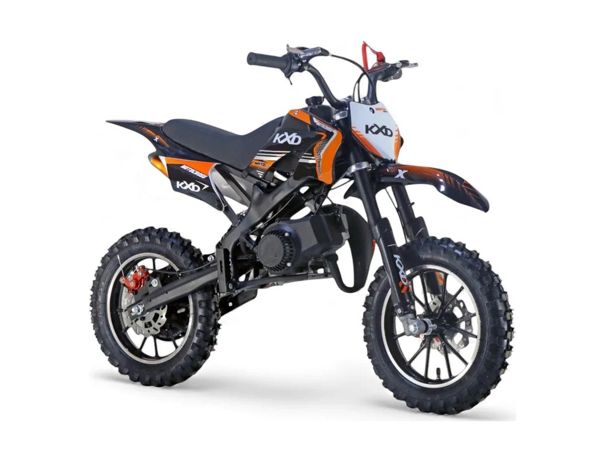 Pocket bike 49cc noir et orange pour enfant, vue de trois quarts avant