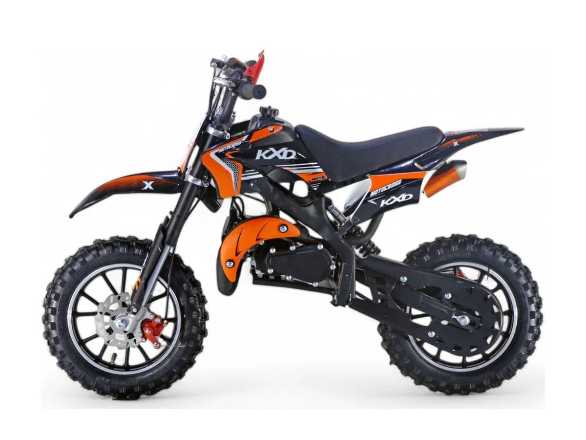 Mini cross 49cc noir et orange, vue de profil