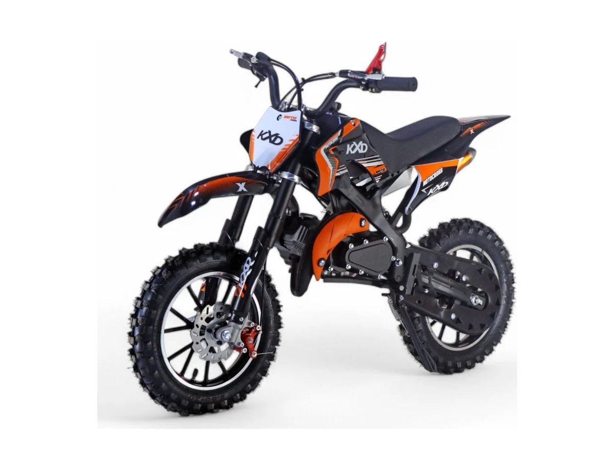 Pocket bike enfant 49cc noir et orange, vue de face