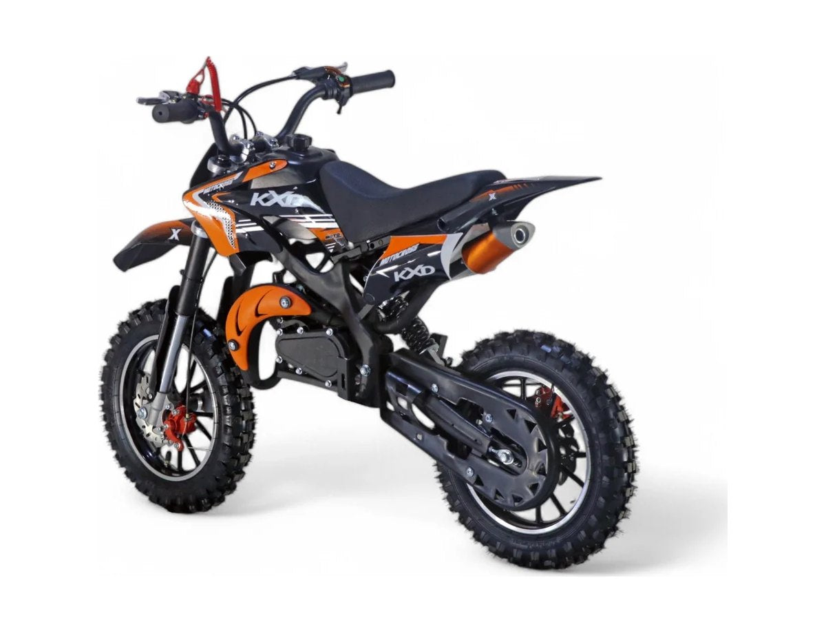 Mini moto cross 49cc noir et orange, vue de côté